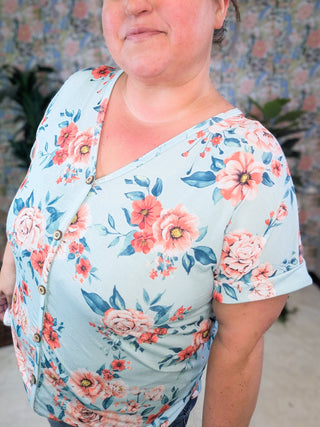 Coralie Button Detail Short Sleeve in Aqua Mint Floral-1- ShortSlv/Slvless Tops-HEIMISH-Styled by Stacked - A Plus Size Women's Boutique in Lakeville, MN