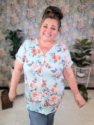 Coralie Button Detail Short Sleeve in Aqua Mint Floral-1- ShortSlv/Slvless Tops-HEIMISH-Styled by Stacked - A Plus Size Women's Boutique in Lakeville, MN