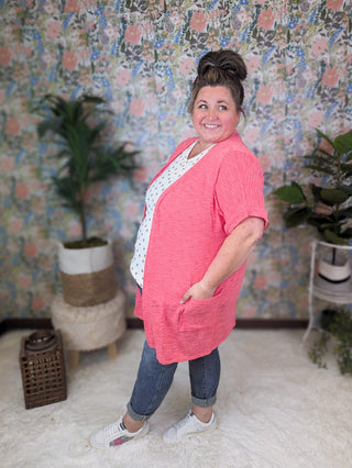 Cameron Short Sleeve Dolman Cardigan w/Pockets in Coral Pink-4- Overlayer Tops-HEIMISH-Styled by Stacked - A Plus Size Women's Boutique in Lakeville, MN