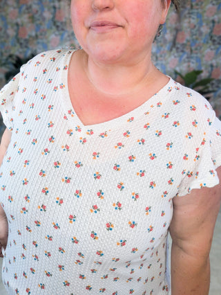 Johnna Ditsy Floral Flutter Sleeve Top in Ivory-1- ShortSlv/Slvless Tops-HEIMISH-Styled by Stacked - A Plus Size Women's Boutique in Lakeville, MN
