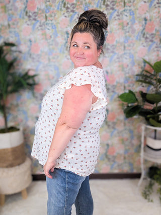 Johnna Ditsy Floral Flutter Sleeve Top in Ivory-1- ShortSlv/Slvless Tops-HEIMISH-Styled by Stacked - A Plus Size Women's Boutique in Lakeville, MN