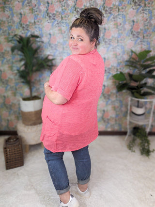 Cameron Short Sleeve Dolman Cardigan w/Pockets in Coral Pink-4- Overlayer Tops-HEIMISH-Styled by Stacked - A Plus Size Women's Boutique in Lakeville, MN