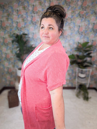 Cameron Short Sleeve Dolman Cardigan w/Pockets in Coral Pink-4- Overlayer Tops-HEIMISH-Styled by Stacked - A Plus Size Women's Boutique in Lakeville, MN
