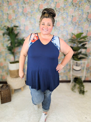 Terri Floral Back + Strap Swing Tank (2 Colors)-1- ShortSlv/Slvless Tops-LOVELY MELODY-Styled by Stacked - A Plus Size Women's Boutique in Lakeville, MN