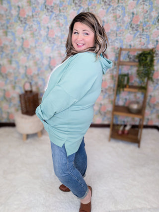 PHC- Luxe Ribbed Pullover Hoodie w/Side Slits in Seafoam Sage-3- Hooded Tops-MICHELLE MAE-Styled by Stacked - A Plus Size Women's Boutique in Lakeville, MN