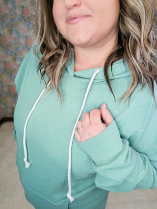 PHC- Luxe Ribbed Pullover Hoodie w/Side Slits in Seafoam Sage-3- Hooded Tops-MICHELLE MAE-Styled by Stacked - A Plus Size Women's Boutique in Lakeville, MN