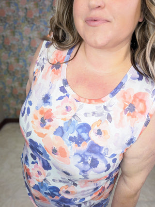 Livi Triple Stretch Tank in Ivory Sunset Floral-1- ShortSlv/Slvless Tops-MICHELLE MAE-Styled by Stacked - A Plus Size Women's Boutique in Lakeville, MN