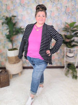 Kinsley Open Front Rounded Blazer in Black + White Stripe-4- Overlayer Tops-HEIMISH-Styled by Stacked - A Plus Size Women's Boutique in Lakeville, MN