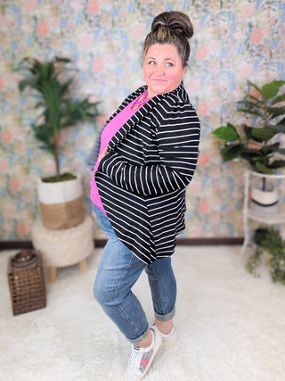 Kinsley Open Front Rounded Blazer in Black + White Stripe-4- Overlayer Tops-HEIMISH-Styled by Stacked - A Plus Size Women's Boutique in Lakeville, MN