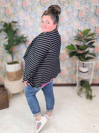 Kinsley Open Front Rounded Blazer in Black + White Stripe-4- Overlayer Tops-HEIMISH-Styled by Stacked - A Plus Size Women's Boutique in Lakeville, MN