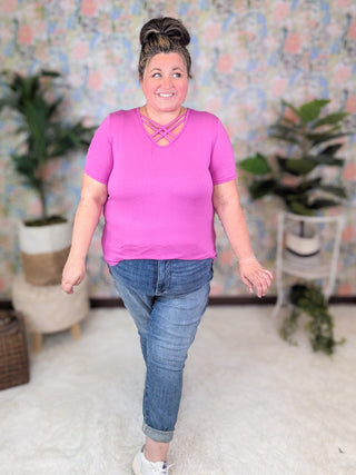 Scarlett Strappy Vneck Short Sleeve Tee in Dark Orchid-1- ShortSlv/Slvless Tops-HEIMISH-Styled by Stacked - A Plus Size Women's Boutique in Lakeville, MN