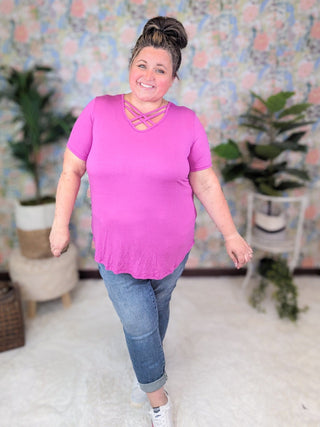 Scarlett Strappy Vneck Short Sleeve Tee in Dark Orchid-1- ShortSlv/Slvless Tops-HEIMISH-Styled by Stacked - A Plus Size Women's Boutique in Lakeville, MN