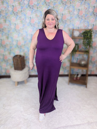 Simone Vneck Maxi Dress w/Side Slits in Plum-11- Dress/Romp/Jump-EMERALD-Styled by Stacked - A Plus Size Women's Boutique in Lakeville, MN