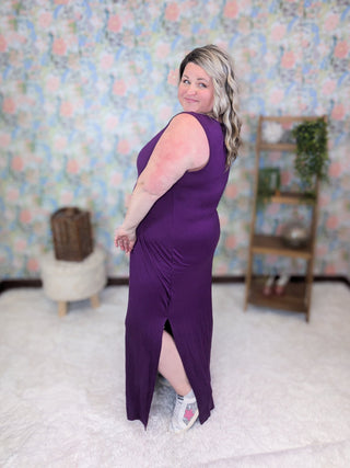 Simone Vneck Maxi Dress w/Side Slits in Plum-11- Dress/Romp/Jump-EMERALD-Styled by Stacked - A Plus Size Women's Boutique in Lakeville, MN