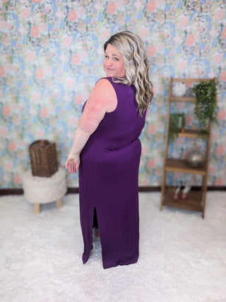 Simone Vneck Maxi Dress w/Side Slits in Plum-11- Dress/Romp/Jump-EMERALD-Styled by Stacked - A Plus Size Women's Boutique in Lakeville, MN