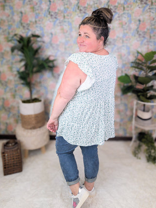 Sonnet Flutter Sleeve Tiered Top in Ivory Ditsy Floral (2 Colors)-1- ShortSlv/Slvless Tops-HEIMISH-Styled by Stacked - A Plus Size Women's Boutique in Lakeville, MN