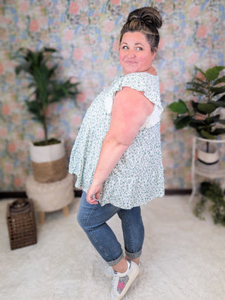 Sonnet Flutter Sleeve Tiered Top in Ivory Ditsy Floral (2 Colors)-1- ShortSlv/Slvless Tops-HEIMISH-Styled by Stacked - A Plus Size Women's Boutique in Lakeville, MN