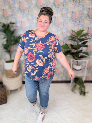 Allegria Floral Short Sleeve Vneck Tee on Navy-1- ShortSlv/Slvless Tops-sweet lovely by jen-Styled by Stacked - A Plus Size Women's Boutique in Lakeville, MN