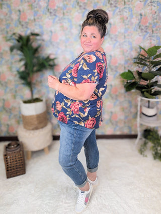 Allegria Floral Short Sleeve Vneck Tee on Navy-1- ShortSlv/Slvless Tops-sweet lovely by jen-Styled by Stacked - A Plus Size Women's Boutique in Lakeville, MN