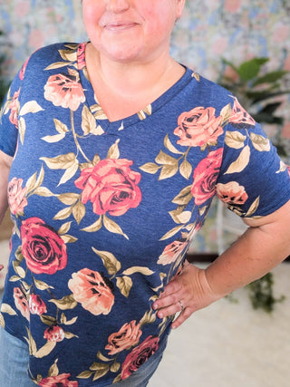 Allegria Floral Short Sleeve Vneck Tee on Navy-1- ShortSlv/Slvless Tops-sweet lovely by jen-Styled by Stacked - A Plus Size Women's Boutique in Lakeville, MN