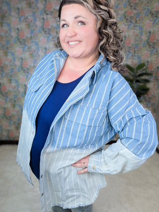 Della Railroad Stripe Button Down Denim Shirt-2- Long Sleeve Tops-WHITE BIRCH-Styled by Stacked - A Plus Size Women's Boutique in Lakeville, MN