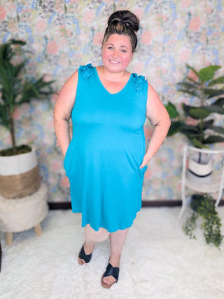 Shanna Ruffled Shoulder Tank Dress w/Pockets in Teal-11- Dress/Romp/Jump-HEIMISH-Styled by Stacked - A Plus Size Women's Boutique in Lakeville, MN