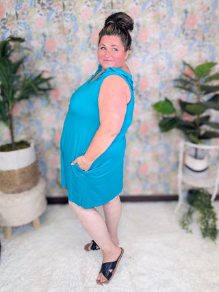 Shanna Ruffled Shoulder Tank Dress w/Pockets in Teal-11- Dress/Romp/Jump-HEIMISH-Styled by Stacked - A Plus Size Women's Boutique in Lakeville, MN