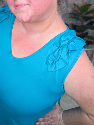 Shanna Ruffled Shoulder Tank Dress w/Pockets in Teal-11- Dress/Romp/Jump-HEIMISH-Styled by Stacked - A Plus Size Women's Boutique in Lakeville, MN