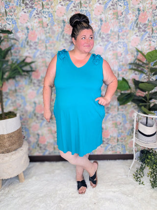 Shanna Ruffled Shoulder Tank Dress w/Pockets in Teal-11- Dress/Romp/Jump-HEIMISH-Styled by Stacked - A Plus Size Women's Boutique in Lakeville, MN