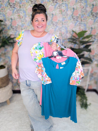 SALE- Leah Scoopneck Top w/Mod Floral Double Flutter Sleeves (3 Colors)-1- ShortSlv/Slvless Tops-LOVELY MELODY-Styled by Stacked - A Plus Size Women's Boutique in Lakeville, MN