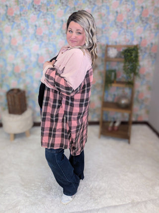 Celia Pink Plaid Longline Buttondown-4- Overlayer Tops-WHITE BIRCH-Styled by Stacked - A Plus Size Women's Boutique in Lakeville, MN