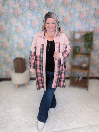 Celia Pink Plaid Longline Buttondown-4- Overlayer Tops-WHITE BIRCH-Styled by Stacked - A Plus Size Women's Boutique in Lakeville, MN