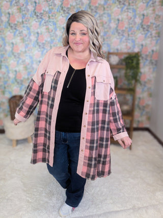 Celia Pink Plaid Longline Buttondown-4- Overlayer Tops-WHITE BIRCH-Styled by Stacked - A Plus Size Women's Boutique in Lakeville, MN