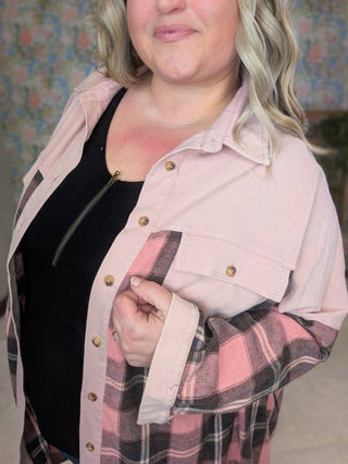 Celia Pink Plaid Longline Buttondown-4- Overlayer Tops-WHITE BIRCH-Styled by Stacked - A Plus Size Women's Boutique in Lakeville, MN