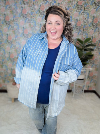 Della Railroad Stripe Button Down Denim Shirt-2- Long Sleeve Tops-WHITE BIRCH-Styled by Stacked - A Plus Size Women's Boutique in Lakeville, MN