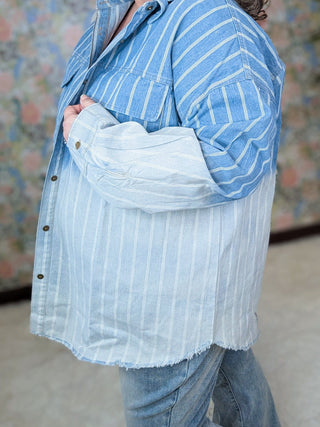 Della Railroad Stripe Button Down Denim Shirt-2- Long Sleeve Tops-WHITE BIRCH-Styled by Stacked - A Plus Size Women's Boutique in Lakeville, MN