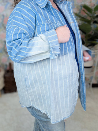 Della Railroad Stripe Button Down Denim Shirt-2- Long Sleeve Tops-WHITE BIRCH-Styled by Stacked - A Plus Size Women's Boutique in Lakeville, MN