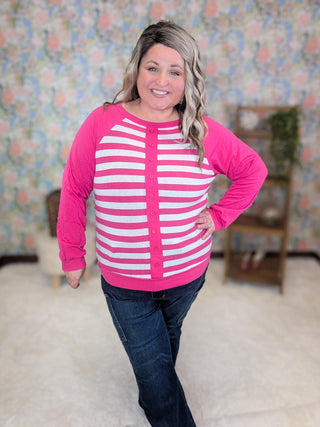 2- Long Sleeve Tops Elisa Button Detail Long Sleeve Raglan in Stripes plus size clothing