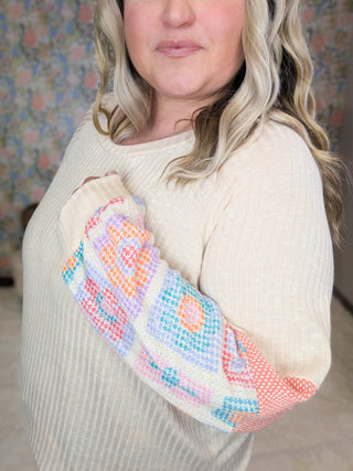 Jackie Crewneck Pullover w/Granny Square Long Sleeves-2- Long Sleeve Tops-HAPTICS-Styled by Stacked - A Plus Size Women's Boutique in Lakeville, MN