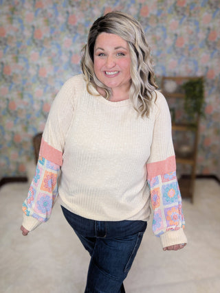 Jackie Crewneck Pullover w/Granny Square Long Sleeves-2- Long Sleeve Tops-HAPTICS-Styled by Stacked - A Plus Size Women's Boutique in Lakeville, MN
