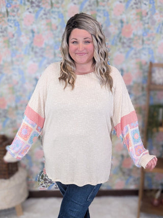 Jackie Crewneck Pullover w/Granny Square Long Sleeves-2- Long Sleeve Tops-HAPTICS-Styled by Stacked - A Plus Size Women's Boutique in Lakeville, MN