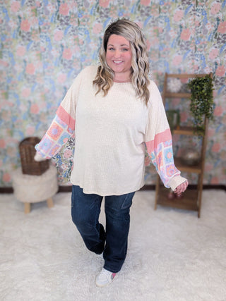 Jackie Crewneck Pullover w/Granny Square Long Sleeves-2- Long Sleeve Tops-HAPTICS-Styled by Stacked - A Plus Size Women's Boutique in Lakeville, MN