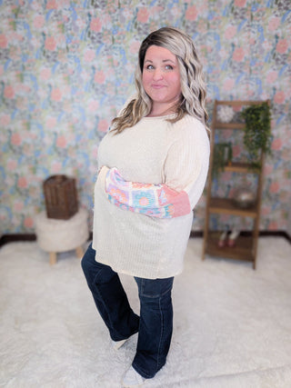 Jackie Crewneck Pullover w/Granny Square Long Sleeves-2- Long Sleeve Tops-HAPTICS-Styled by Stacked - A Plus Size Women's Boutique in Lakeville, MN