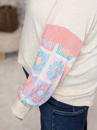 Jackie Crewneck Pullover w/Granny Square Long Sleeves-2- Long Sleeve Tops-HAPTICS-Styled by Stacked - A Plus Size Women's Boutique in Lakeville, MN