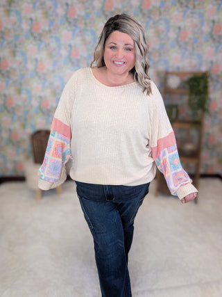Jackie Crewneck Pullover w/Granny Square Long Sleeves-2- Long Sleeve Tops-HAPTICS-Styled by Stacked - A Plus Size Women's Boutique in Lakeville, MN