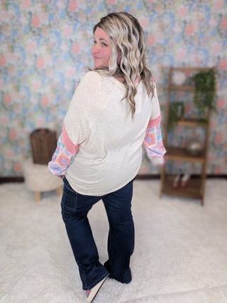 Jackie Crewneck Pullover w/Granny Square Long Sleeves-2- Long Sleeve Tops-HAPTICS-Styled by Stacked - A Plus Size Women's Boutique in Lakeville, MN