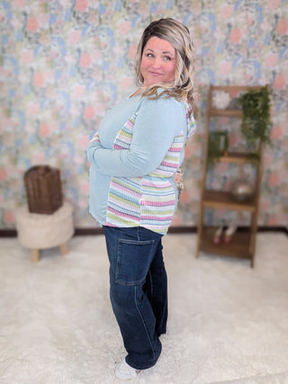 Marjorie Crewneck Aqua Hooded Pullover w/Rainbow Accents-2- Long Sleeve Tops-HAPTICS-Styled by Stacked - A Plus Size Women's Boutique in Lakeville, MN