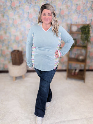 Marjorie Crewneck Aqua Hooded Pullover w/Rainbow Accents-2- Long Sleeve Tops-HAPTICS-Styled by Stacked - A Plus Size Women's Boutique in Lakeville, MN
