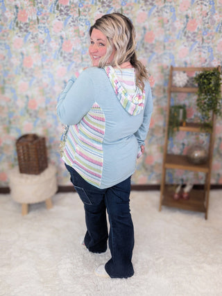 Marjorie Crewneck Aqua Hooded Pullover w/Rainbow Accents-2- Long Sleeve Tops-HAPTICS-Styled by Stacked - A Plus Size Women's Boutique in Lakeville, MN