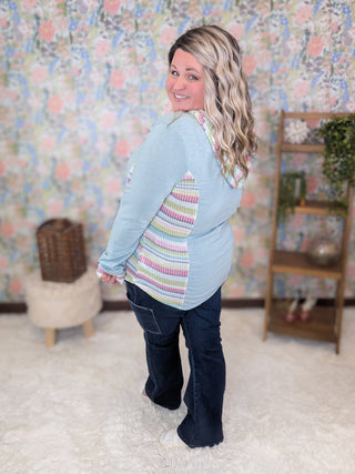 Marjorie Crewneck Aqua Hooded Pullover w/Rainbow Accents-2- Long Sleeve Tops-HAPTICS-Styled by Stacked - A Plus Size Women's Boutique in Lakeville, MN